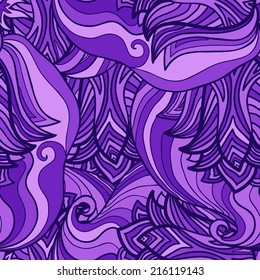 Abstract seamless vector background. Beautiful wavy floral shape pattern in purple and violet color palette. 