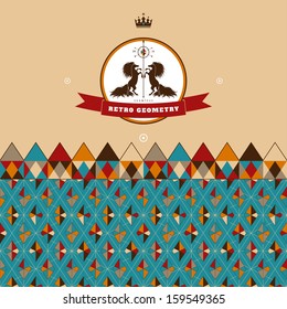 Abstract seamless vector background and border. Multicolored figures and grid. Beautiful round label with two horses and ribbon for your text.