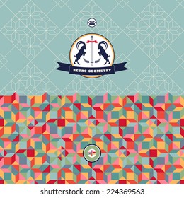 Abstract seamless vector background with borders. Multicolored figures and grid. Beautiful round emblem with two goats and ribbon for your text.