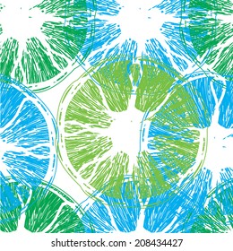 Abstract seamless vector background. Citrus fruit colorful imprints. Hand drawn fresh healthy food motifs. Decorative pattern.