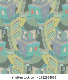 Abstract seamless vector background with fancy curved shapes in graffiti wall style. Cubism art design elements. Modern mystic natural spiritual idea. Futuristic geometry in hand drawing line.