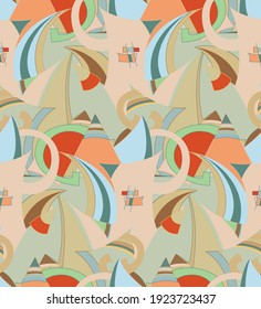 Abstract seamless vector background with fancy curved shapes in graffiti wall style. Cubism art design elements. Modern mystic natural spiritual idea. Futuristic geometry in hand drawing line.