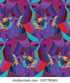 Abstract seamless vector background with fancy curved shapes in graffiti wall style. Cubism art design elements. Modern mystic natural spiritual idea. Futuristic geometry in hand drawing line.