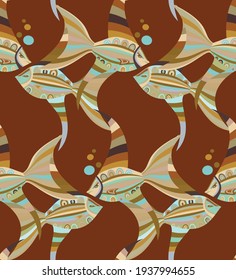 Resumen de fondo vectorial sin fisuras con lujosas formas de peces curvados al estilo de la pared de graffiti. Elementos de diseño de arte cubista. Idea espiritual mística moderna y natural. Geometría futurista en línea de dibujo a mano.