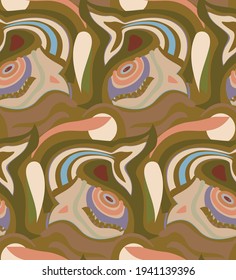 Abstract seamless vector background with fancy curved shapes in graffiti wall style. Cubism art design elements. Modern mystic natural spiritual idea. Futuristic geometry in hand drawing line.
