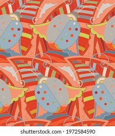 Abstract seamless vector background with fancy curved shapes in graffiti wall style. Cubism art design elements. Modern mystic natural spiritual idea. Futuristic geometry in hand drawing line.