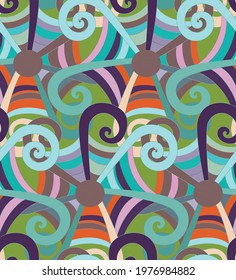 Abstract seamless vector background with fancy curved shapes in graffiti wall style. Cubism art design elements. Modern mystic natural spiritual idea. Futuristic geometry in hand drawing line.