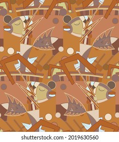 Abstract seamless vector background with fancy curved shapes in graffiti wall style. Cubism art design elements. Modern mystic natural spiritual idea. Futuristic geometry in hand drawing line.