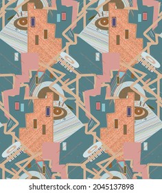 Abstract seamless vector background with fancy curved shapes in graffiti wall style. Cubism art design elements. Modern mystic natural spiritual idea. Futuristic geometry in hand drawing line.