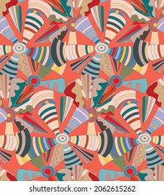 Abstract seamless vector background with fancy curved shapes in graffiti wall style. Cubism art design elements. Modern mystic natural spiritual idea. Futuristic geometry in hand drawing line.