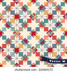Abstract seamless vector background. Geometric star ornament of multicolored figures and grid. 