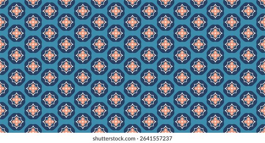 Abstract seamless vector background with geometric shapes. Endless texture with ethnic medallions for printing on fabric, clothing, wallpaper, textile. Texture in blue, pink and white palette.