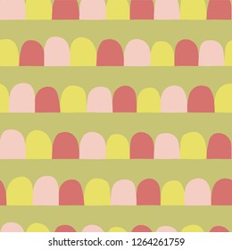 Abstract seamless vector background. Horizontal lined up arcs, half circles. Pink, lime yellow, green. Modern geometric pattern with semicircles in retro flat scandinavian style. Use for fabric, paper