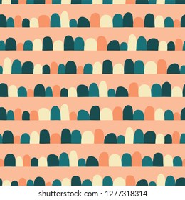 Abstract seamless vector background. Horizontal lined up arcs, half circles. Coral yellow blue teal. Modern geometric pattern with semicircles in retro flat scandinavian style. Use for fabric, paper