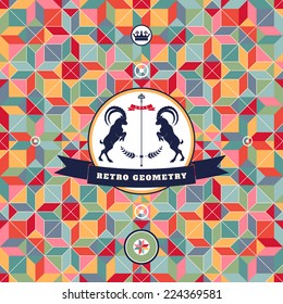 Abstract seamless vector background. Multicolored figures and grid. Beautiful round emblem with two goats and ribbon for your text.