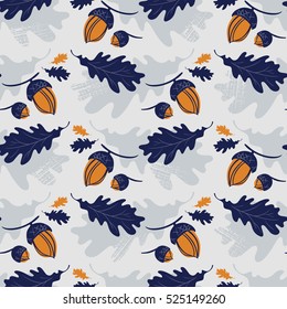 Abstract seamless vector background with natural motifs. Stylized oak leaves and acorns