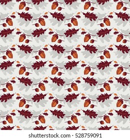 Abstract seamless vector background with natural motifs. Stylized oak leaves and acorns