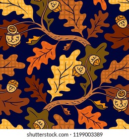 Abstract seamless vector background with oak leaves and acorns