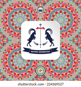 Abstract seamless vector background with a square frame. Multicolored figures and grid that are round geometrical ornament. Beautiful emblem with two goats and ribbon for your text.