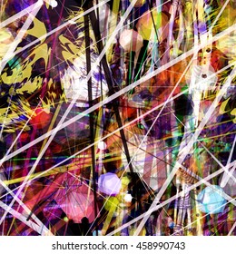 Abstract seamless vector background with stripes, polygons and shapeless spots. For tissue, wrapping paper, wallpaper, printing.