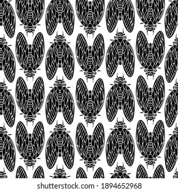 Abstract seamless vector black and white lined ornamental illustration pattern design with flies. The design is perfect for textile, decorations, wrapping paper, 