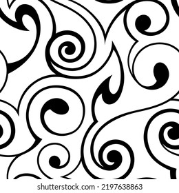 Abstract seamless vector black and white spiral and swirl pattern. Seamless vector texture of black abstract shapes and smooth stripes.