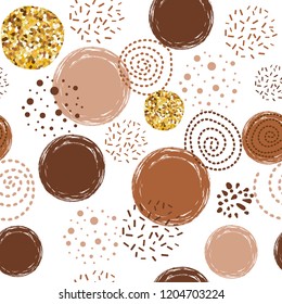 Abstract seamless vector brown coffee pattern with hand drawn round elements. Sketched caramel golden vintage design Background for greetings invitations wrapping paper textile web design on the white