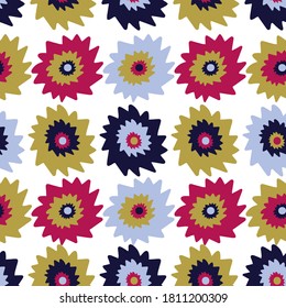 Abstract seamless vector colourful pattern with spiky decorative flower shapes. Can be used for printing on paper, stickers, badges, bijouterie, cards, textiles, kids clothes and sheets. 