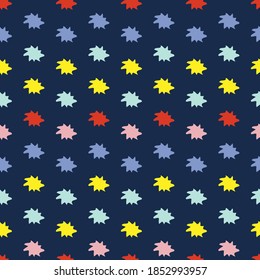 Abstract seamless vector colourful pattern with spiky decorative stars on dark blue. Can be used for printing on paper, stickers, badges, bijouterie, cards, textiles, kids clothes and sheets. 
