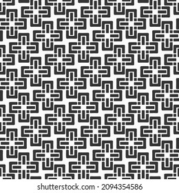 Abstract seamless vector cross tiles pattern. Geometric cross shapes ornament. Repeating tiles, filled shapes. Black and white vector background.