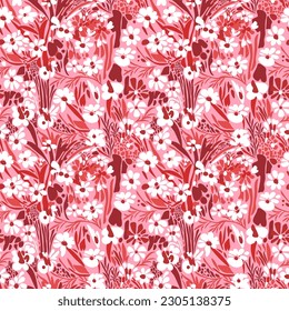 Abstract seamless vector floral pattern of white flowers on a red background in pastel colors.