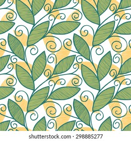 Abstract seamless vector green \ yellow leaves with curls and branches on a white background. drawing strokes. cloth. wallpaper.