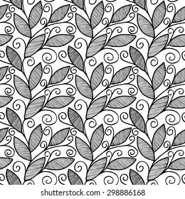 Abstract seamless vector image black and white with swirls of leaves and branches on a white background. drawing pencil strokes. cloth. wallpaper.
