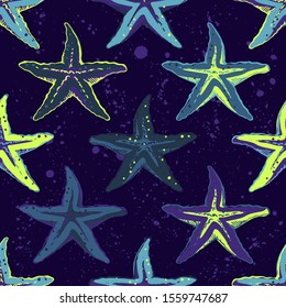 Abstract seamless vector ocean pattern for girls, boys, clothes. Creative background with sea stars,Funny wallpaper for textile and fabric. Fashion style. Colorful bright.