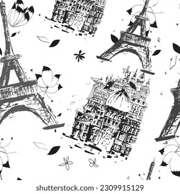 Abstract seamless vector Paris pattern. Eigel tower repeats print for fashion textile, clothes, wrapping paper. Flowers, cute vector pattern.
