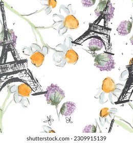 Abstract seamless vector Paris pattern. Eigel tower repeats print for fashion textile, clothes, wrapping paper. Flowers, cute vector pattern.
