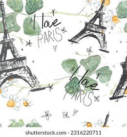 Abstract seamless vector Paris pattern. Eigel tower repeats print for fashion textile, clothes, wrapping paper. Flowers, cute vector pattern.
