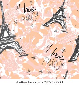 Abstract seamless vector Paris pattern. Eigel tower repeats print for fashion textile, clothes, wrapping paper. Flowers, cute vector pattern.
