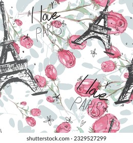 Abstract seamless vector Paris pattern. Eigel tower repeats print for fashion textile, clothes, wrapping paper. Flowers, cute vector pattern.
