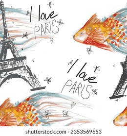 Motif abstrait harmonieux vectoriel Paris. La tour Eigel répète l'impression pour le textile de mode, les vêtements, le papier d'emballage. Fleurs, poissons et mer, joli motif vectoriel.