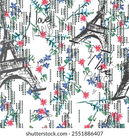 Abstract seamless vector Paris pattern. Eiffel tower repeats print for fashion textile, clothes, wrapping paper. Flowers, cute vector pattern.