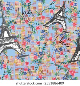 Abstract seamless vector Paris pattern. Eiffel tower repeats print for fashion textile, clothes, wrapping paper. Flowers, cute vector pattern.