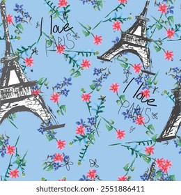 Abstract seamless vector Paris pattern. Eiffel tower repeats print for fashion textile, clothes, wrapping paper. Flowers, cute vector pattern.