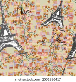 Abstract seamless vector Paris pattern. Eiffel tower repeats print for fashion textile, clothes, wrapping paper. Flowers, cute vector pattern.