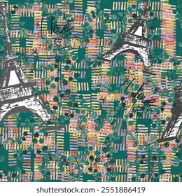 Abstract seamless vector Paris pattern. Eiffel tower repeats print for fashion textile, clothes, wrapping paper. Flowers, cute vector pattern.