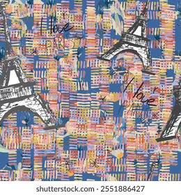 Abstract seamless vector Paris pattern. Eiffel tower repeats print for fashion textile, clothes, wrapping paper. Flowers, cute vector pattern.