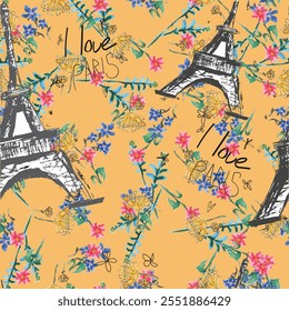 Abstract seamless vector Paris pattern. Eiffel tower repeats print for fashion textile, clothes, wrapping paper. Flowers, cute vector pattern.