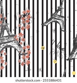 Abstract seamless vector Paris pattern. Eiffel tower repeats print for fashion textile, clothes, wrapping paper. Flowers, cute vector pattern.