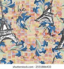 Abstract seamless vector Paris pattern. Eiffel tower repeats print for fashion textile, clothes, wrapping paper. Flowers, cute vector pattern.