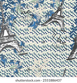 Abstract seamless vector Paris pattern. Eiffel tower repeats print for fashion textile, clothes, wrapping paper. Flowers, cute vector pattern.